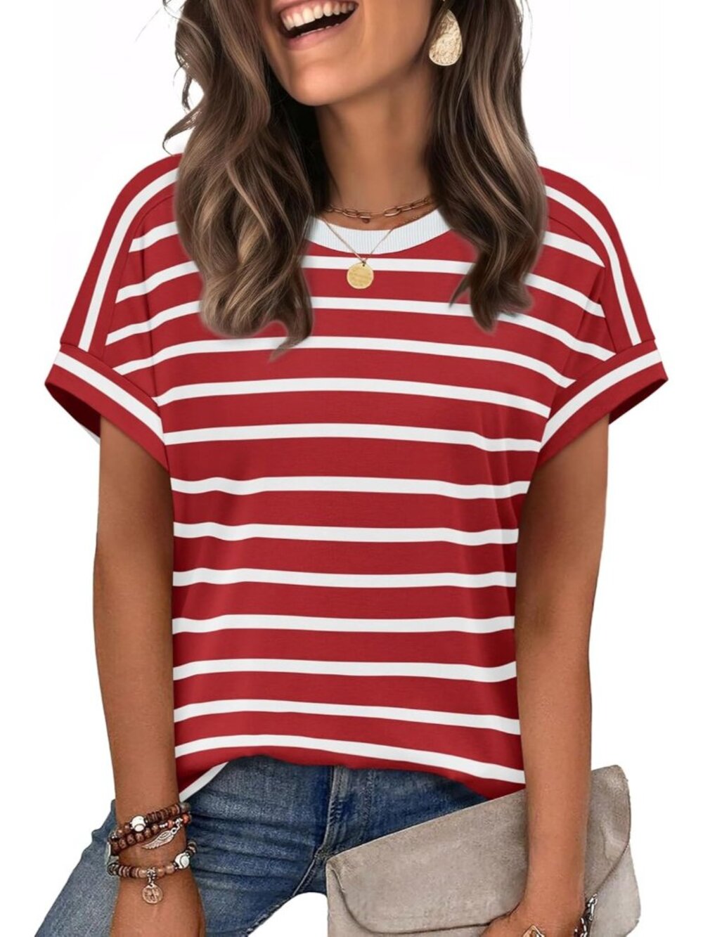 Women's Red Stripes Short Sleeve Summer Outfits Casual Clothes Tops Shirts